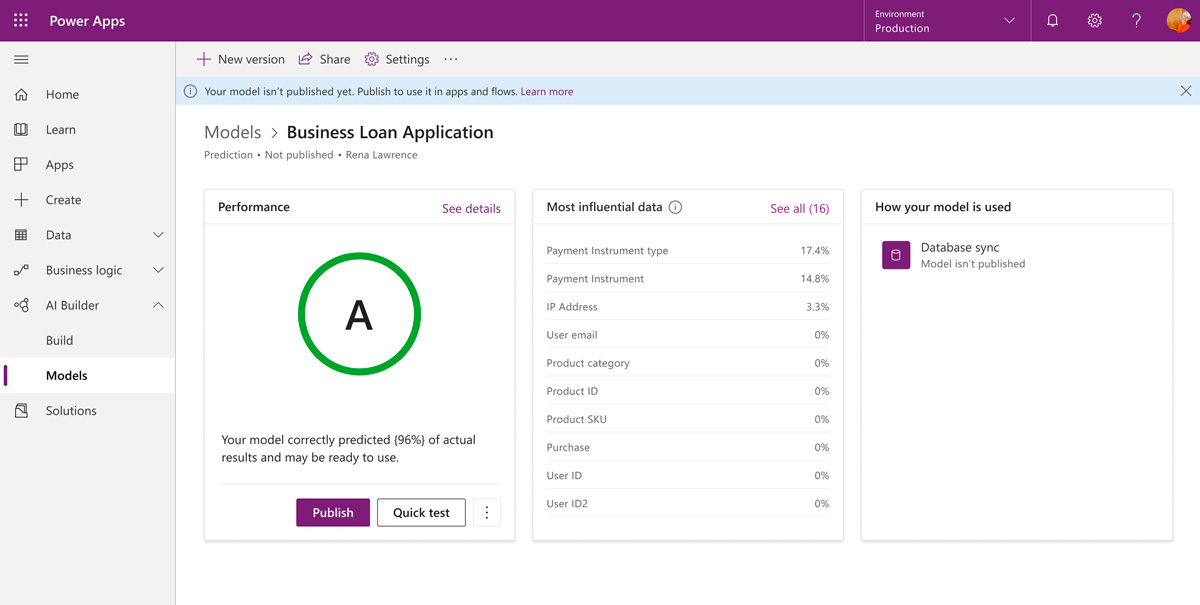 AI Builder model details page